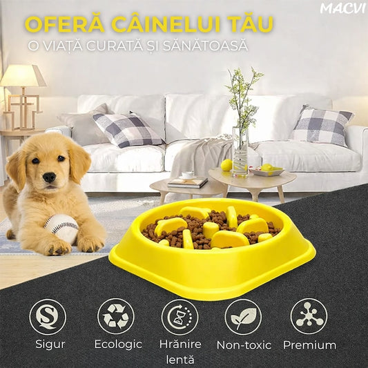 Alimentator Lent pentru Animale Macvi®, Bol Antiderapant Hranire Lenta pentru Caini si Pisici Design Interior AntiInghitire Material Sigur Usor de Curatat Rezistent, Galben