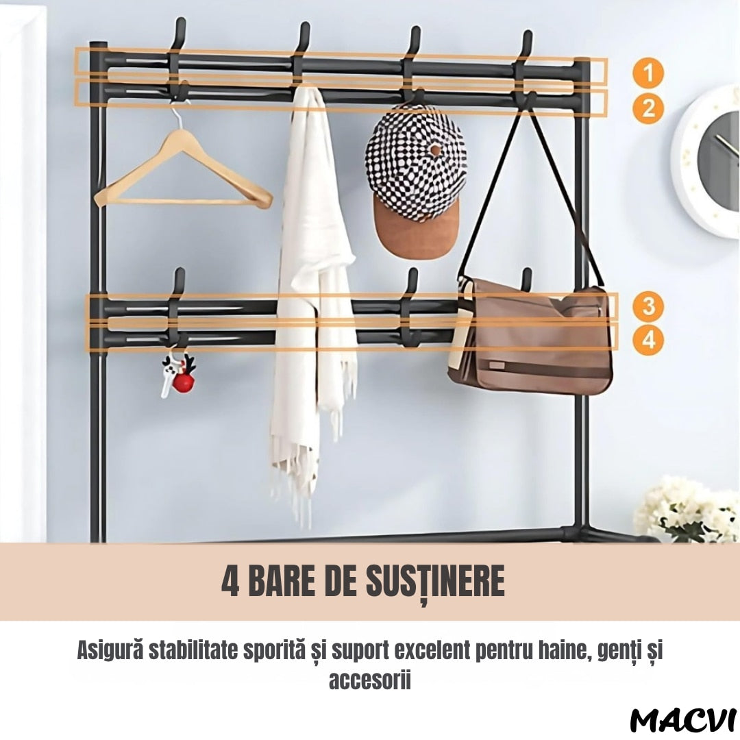 Cuier multifunctional Macvi® pentru haine si incaltaminte, 171x80x26.5 cm, material durabil, design ergonomic si modern, negru