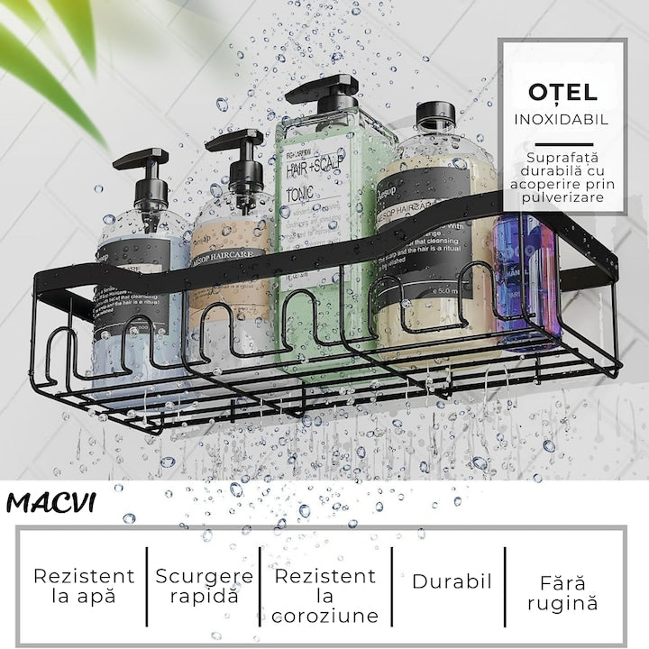 Organizator de dus Macvi® din otel inoxidabil, montare adeziva fara gaurire, capacitate mare, rezistent la rugina, negru