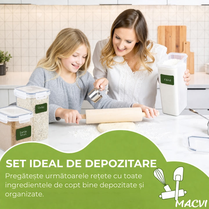 Set 24 organizatoare/recipiente Macvi® pentru depozitare alimentara, etanse, design minimalist, fara BPA, stocabile, cu etichete si lingurite incluse