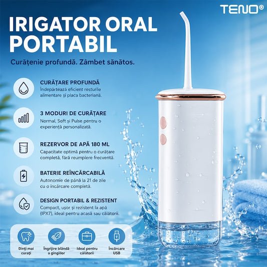 Irigator Bucal Portabil Teno®, compact, eficienta ridicata, jet cu presiune, anti-tartru, alb