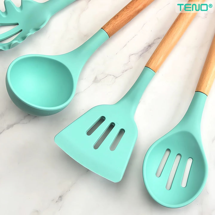 Set Ustensile Bucatarie 12 Piese Silicon Alimentar Teno®, termorezistente, antiaderente, sigure, suport inclus, turcoaz