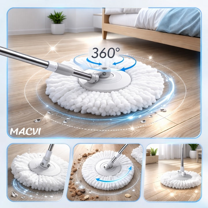 Set Mop Rotativ Macvi®, Galeata, Dubla Actiune, Capat Microfibra, Sistem Stoarcere, Inaltime Ajustabila, Alb/Gri