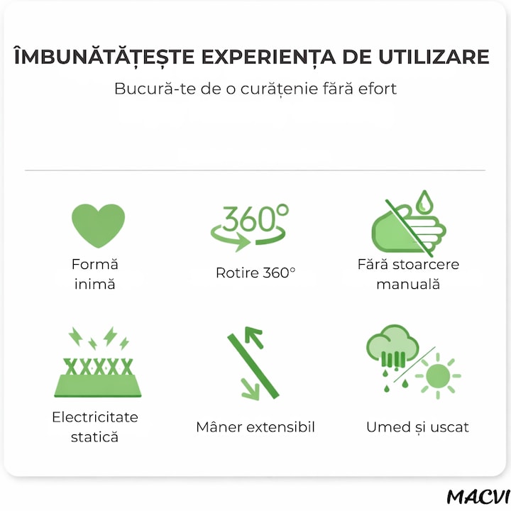 Mop cu Cap Inima Macvi® 360° Telescopic Curatare Usoara, 127 cm, Verde, Cap Rotativ si Lavete Microfibra