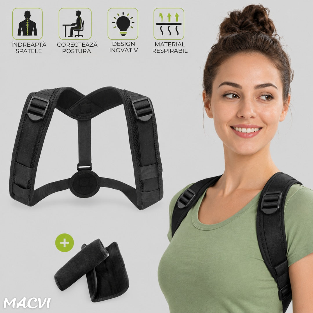 Corector Postura Macvi® Ortopedic Reglabil pentru Spate Gat Umeri Clavicula Unisex Suport Corectie Coloana Negru