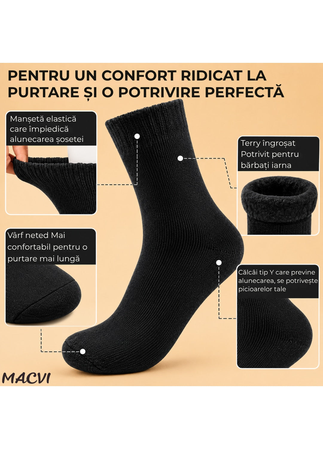 Set sosete termice Macvi, unisex, 2 perechi, negre, 80% poliester, 20% elastan, marime universala
