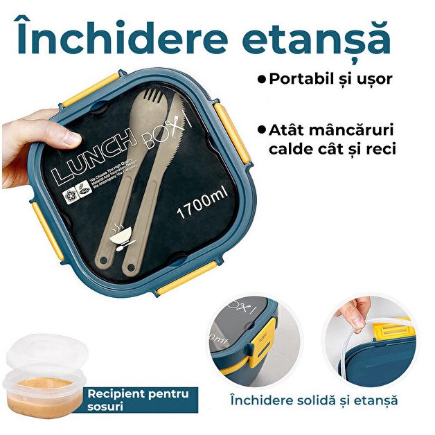 Caserola Alimentara Macvi® 1.7L cu 4 Compartimente si Recipient Sos Lunch Box BPA Free
