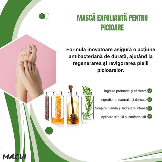 Sosete cu masca exfolianta pentru picioare Macvi®, 1 pereche, hidratare intensa, exfoliere delicata, eliminarea mirosurilor, ingrijire naturala pentru piele catifelata