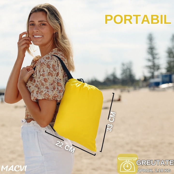 Saltea gonflabila tip sezlong Lazybag Macvi®, material rezistent, umflare fara pompa, pentru plaja/picnic/camping, rucsac de depozitare, 190 x 70 cm, Galben