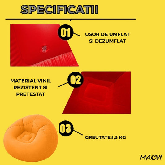 Fotoliu Gonflabil Macvi® Lazy Bag cu pompa inclusa, 110x110x85 cm, Confort Maxim, Portabila, pentru Interior si Exterior, Culoare Portocaliu