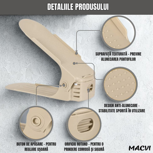 Set 10 Organizatoare pantofi reglabile Macvi®, suport bej pentru incaltaminte, dublare spatiu depozitare, design stabil si antialunecare