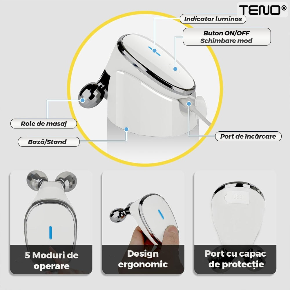 Aparat pentru Tratament Facial cu Microcurenti Teno®, lifting facial 3D, microcurenti EMS, antirid, remodelare, fermizare, suport inclus, cablu de alimentare, alb