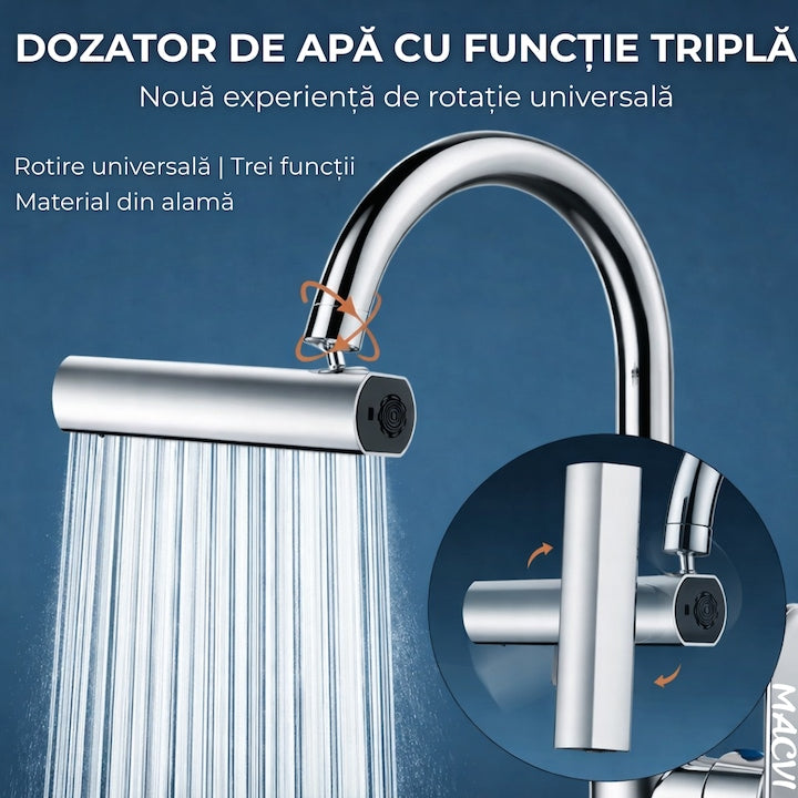 Baterie de bucatarie Macvi® 4 in 1 cu cascada, pivotanta 360°, robinet extensibil multifunctional din otel inoxidabil 304, rezistent la coroziune si uzura