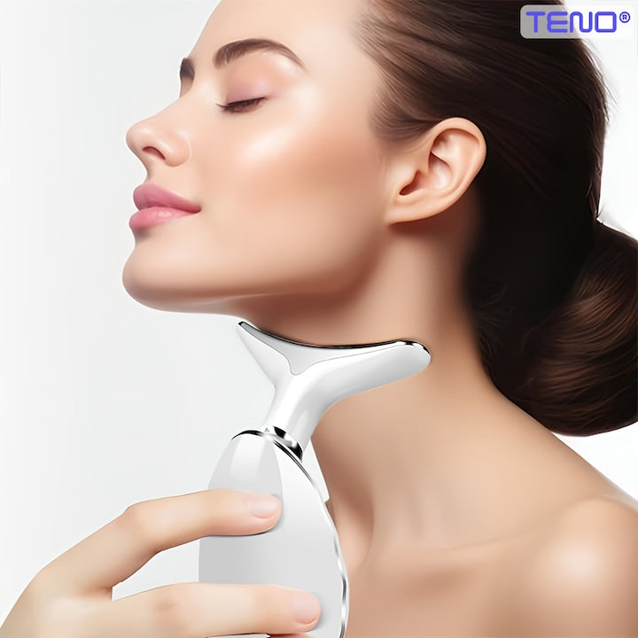 Dispozitiv Facial pentru Elinimarea Ridurilor Teno®, ingrijirea gatului, lifting, stimulare EMS, antirid, tratament LED,3 moduri de culoare, functie de incalzire, masaj, alb