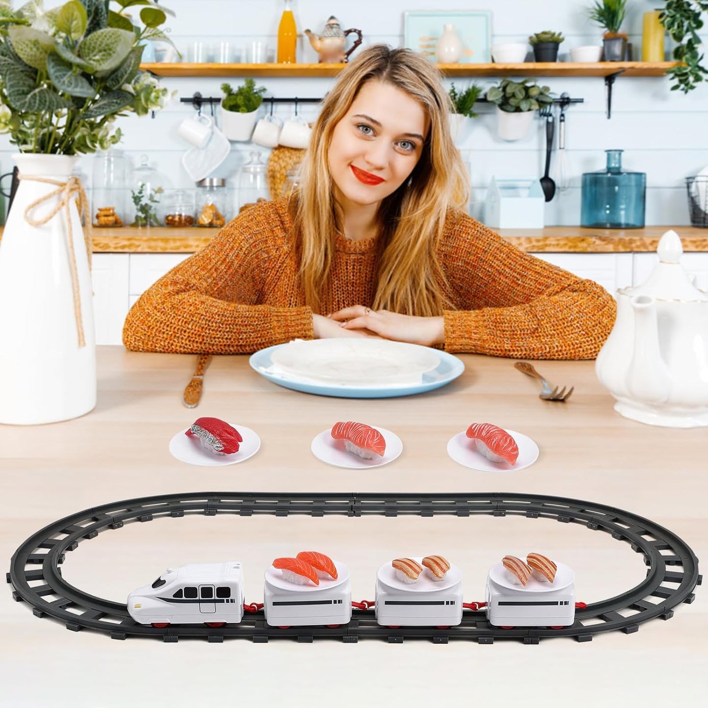 Set trenulet Macvi® pe cale ferata cu farfurii pentru servire Sushi, locomotiva electrica, 3 vagoane, 6 tavite si 12 sine, 197 cm