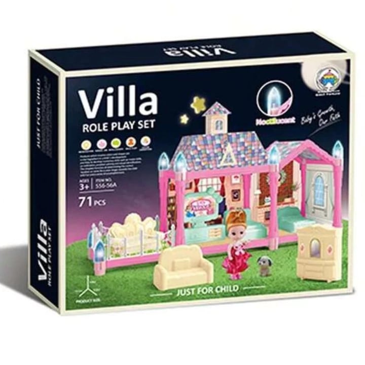 Casuta de asamblat luminoasa Macvi®, 71 piese, mobilier si accesorii detasabile, functie de iluminare, plastic ABS durabil, multicolor, cadou pentru copii 3+