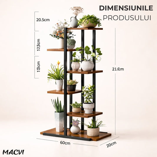 Suport plante Macvi® tip etajera asimetrica cu 6 rafturi, structura metalica rezistenta, rafturi lemn, suport flori interior, design modern pentru living balcon birou, 60x21.6x123 cm