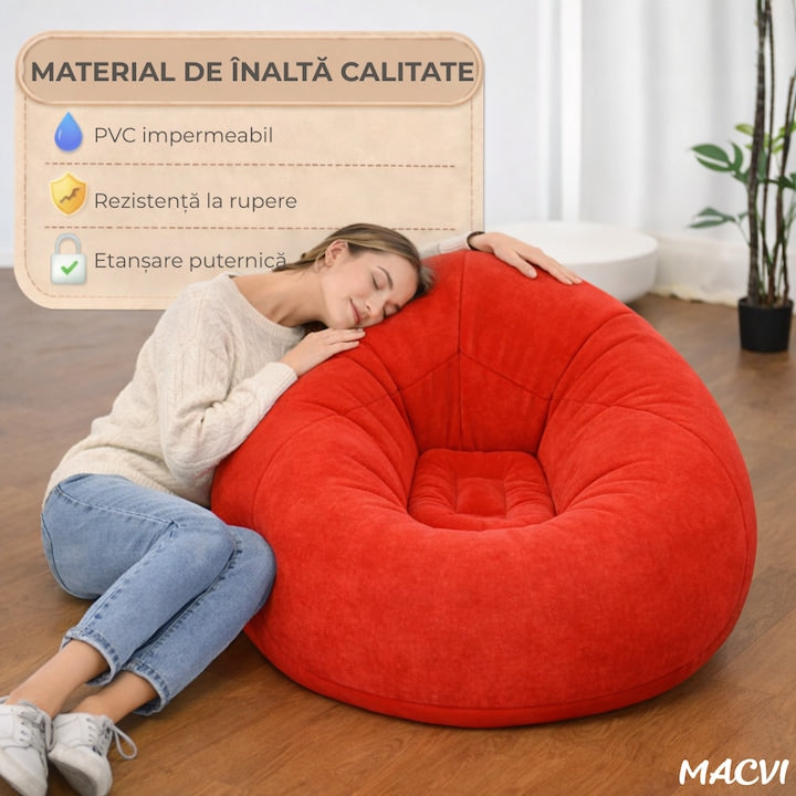 Fotoliu Gonflabil Macvi® Lazy Bag cu pompa inclusa, 110x110x85 cm, Confort Maxim, Portabila, pentru Interior si Exterior, Culoare Rosu