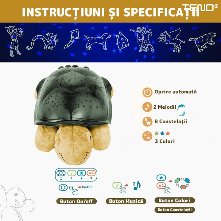 Lampa de Veghe Testoasa Teno®, proiector de lumini, 8 constelatii, lumina RBG, 2 cantece de adormit copiii, pufoasa si moale, mod inchidere automata, galben/verde