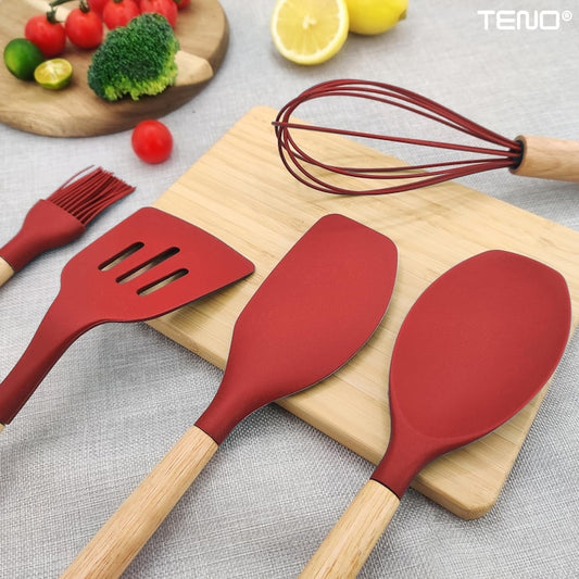 Set Ustensile Bucatarie 12 Piese Silicon Alimentar Teno®, termorezistente, antiaderente, sigure, suport inclus, rosu