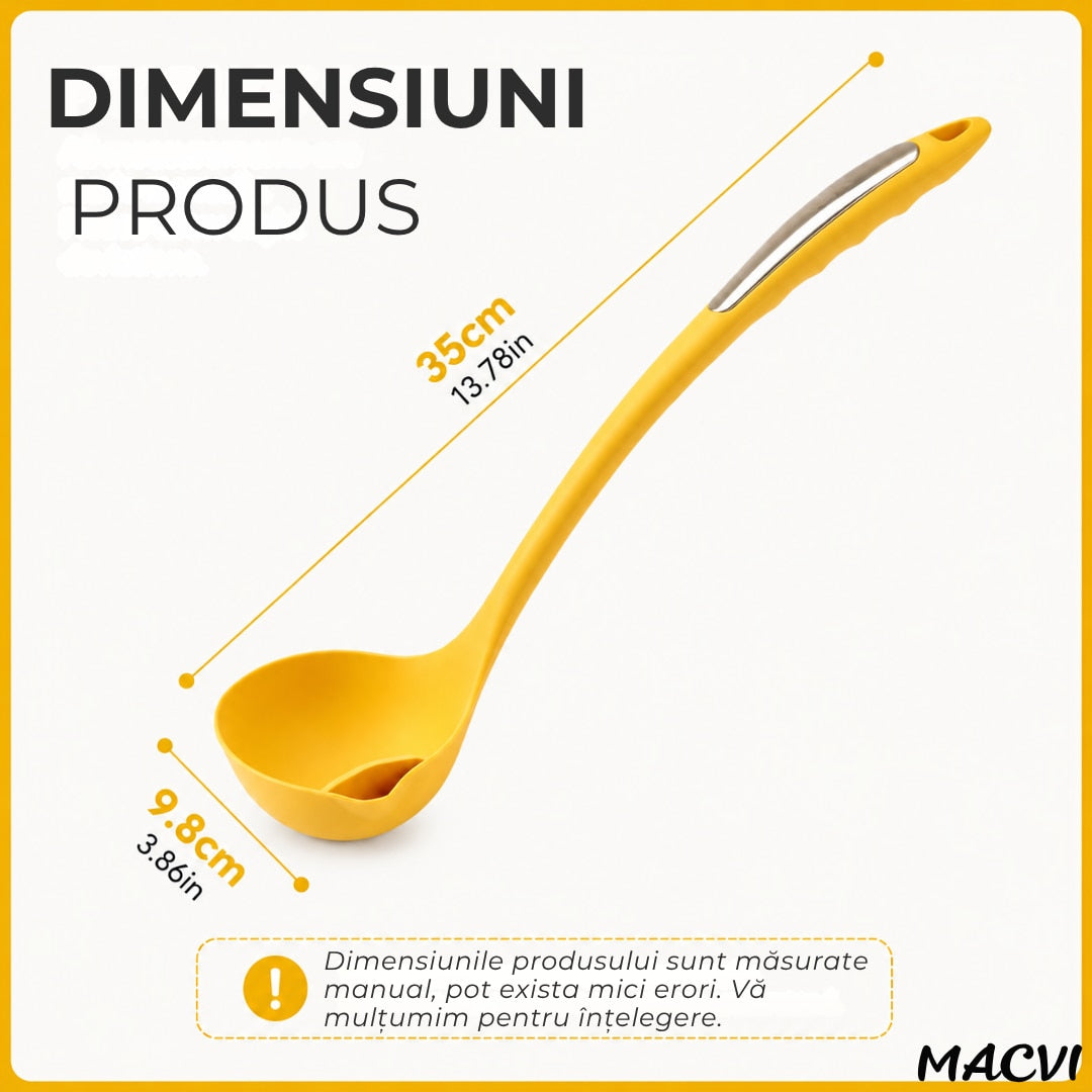 Polonic separator de grasime Macvi®, silicon alimentar, rezistent la caldura, galben