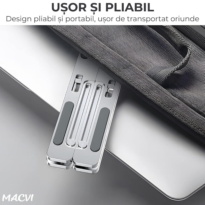 Suport laptop ergonomic Macvi® din aluminiu ,ajustabil 6 nivele, husa de protectie, disipare caldura, antialunecare, compatibil 10-15.6 inch, argintiu