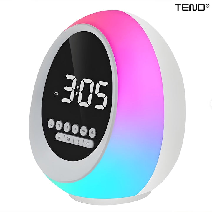 Ceas Desteptator Multifunctional Teno®, Bluetooth, functie de alarma, functie de radio, lumini RGB, autonomie ridicata, oval