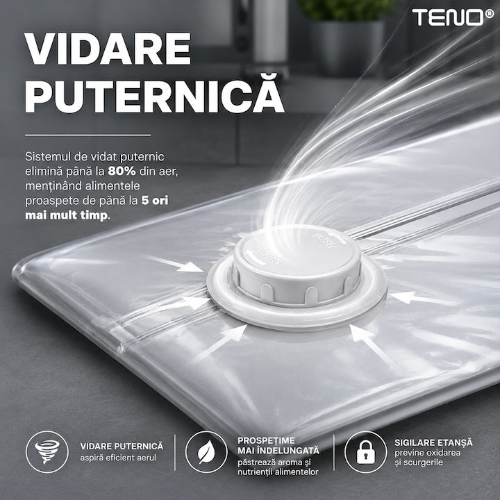 Sac de Vidat Teno®, pentru imbracaminte, pilote, perne, rezistent, valva tripla, materiale calitative, protectie waterproof, reutilizabil, vidare prin vacuum, 70 x 100 cm, alb