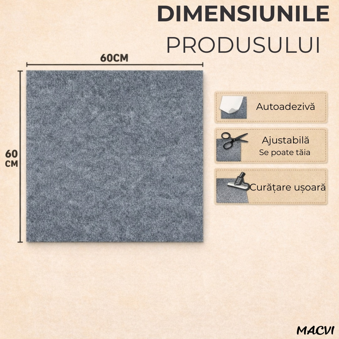Mocheta scari Macvi® dale autoadezive 60x60 cm, 1 buc. mocheta textila, ajustabila, montaj rapid fara unelte, curatare usoara, potrivita pentru scari, camera copiilor, dressing, aplicare rapida