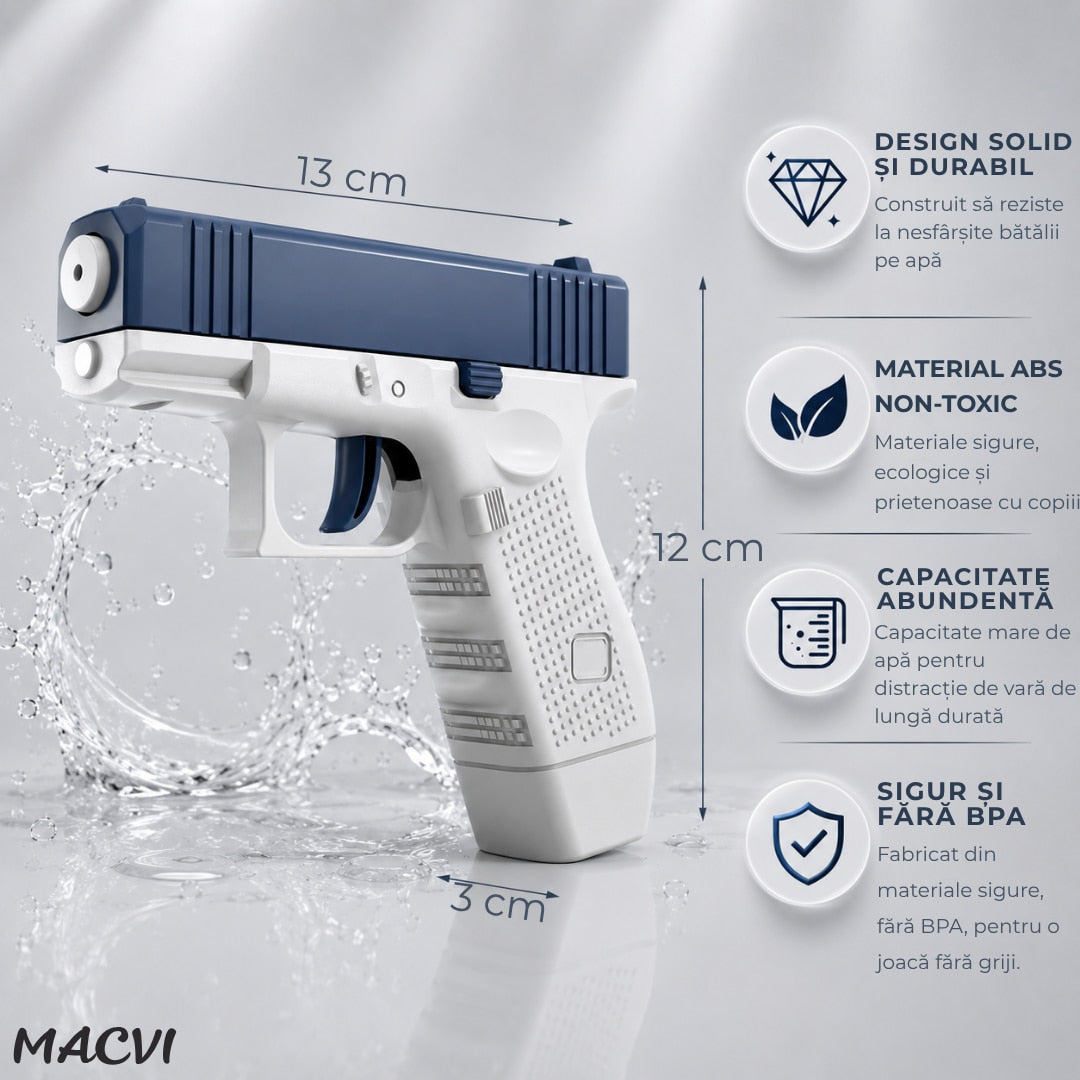Pistol cu apa copii Macvi®, albastru cu alb, actionare manuala, jucarie vara exterior, dezvoltare dexteritate, 11.5 x 10 x 2.5 cm