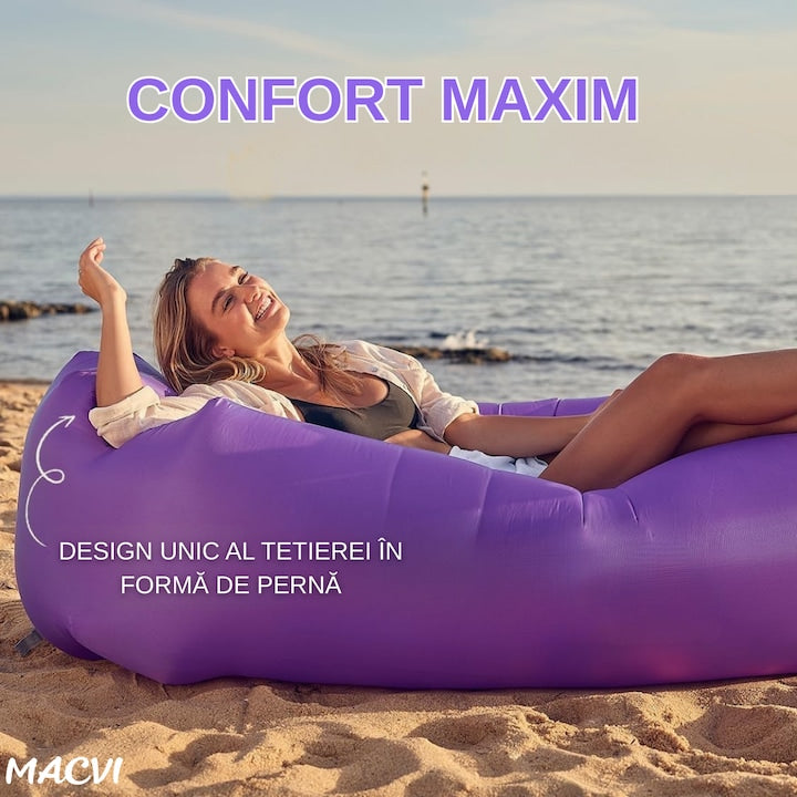 Saltea gonflabila tip sezlong Lazybag Macvi®, material rezistent, umflare fara pompa, pentru plaja/picnic/camping, rucsac de depozitare, 190 x 70 cm,,Mov