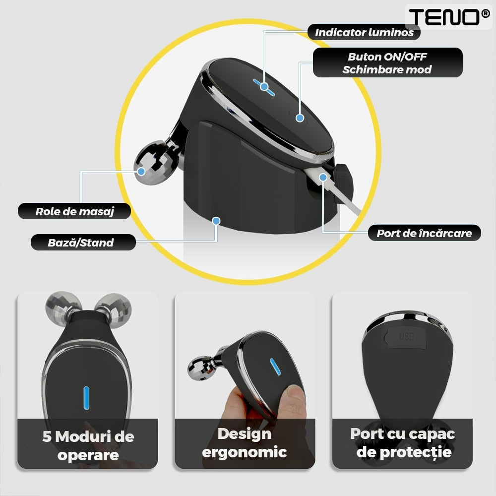 Aparat pentru Tratament Facial cu Microcurenti Teno®, lifting facial 3D, microcurenti EMS, antirid, remodelare, fermizare, suport inclus, cablu de alimentare, negru