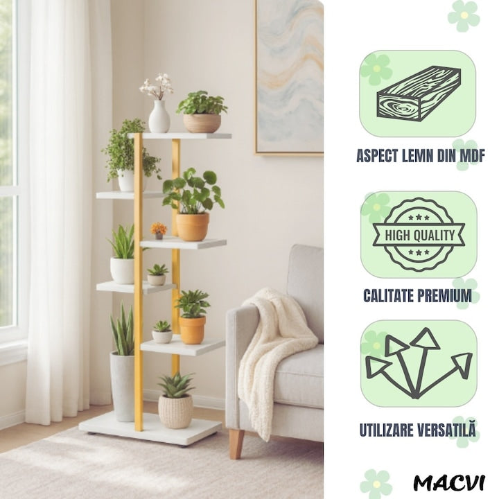 Suport ghivece flori si plante Macvi® cu 6 rafturi, design modern alb si maro, cadru metalic stabil, 113x60x20 cm, pentru interior si exterior