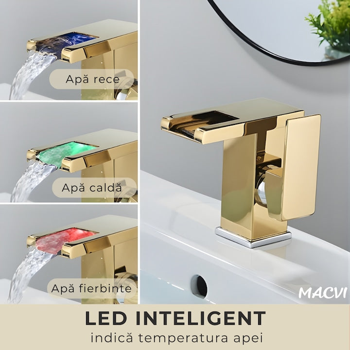 Robinet baie Macvi® LED tip cascada Auriu, premium jet RGB cu iluminare in functie de temperatura constructie din alama