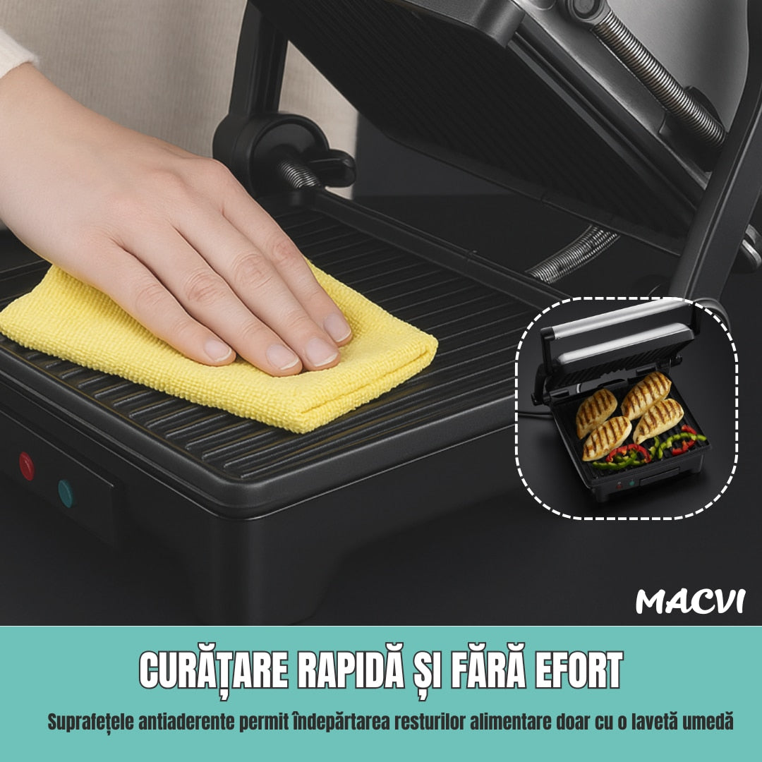 Sandwich-maker 3in1 Macvi®, grill/presa panini, 1800W, Negru/Argintiu