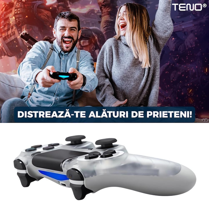 Controller Wireless DoubleShock Teno®, compatibil cu PS4, joystick-uri analog, vibratie dubla, baterie performanta, transparent