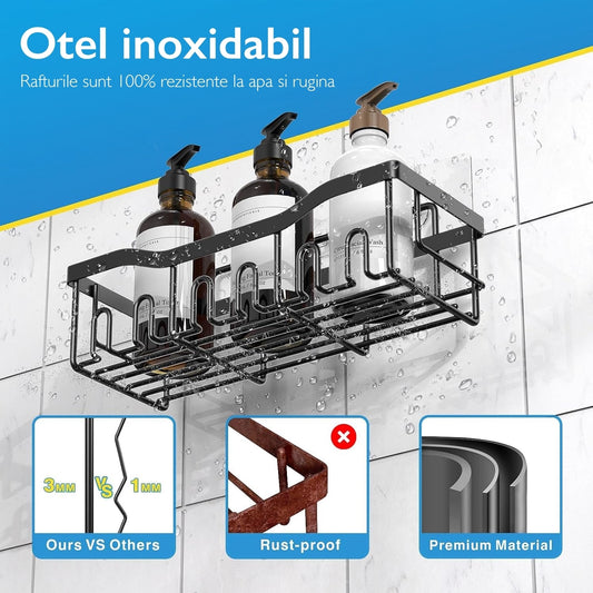 Set 5 Rafturi Organizatoare Macvi® pentru Baie si Bucatarie, Inox Negru, Montaj Fara Gauri, Suport Sapun, Periute si Gel de Dus, Design Modern si Durabil