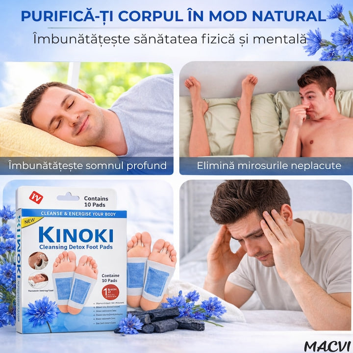 Set 10 Plasturi Plasturi Detox KINOKI Macvi® pentru Picioare cu floare albastra, Detoxifiere Naturala, Eliminare Toxine, Reducere Miros Neplacut, Imbunatatire Somn, Relaxare si Revitalizare