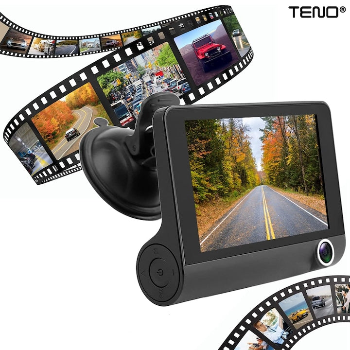 Camera Auto Tripla Teno®, fata, spate, interior, laterale, vizualizare unghi de 140°, camera marsarier, ecran de 4”, LED, full HD 1080p, loop recording, negru