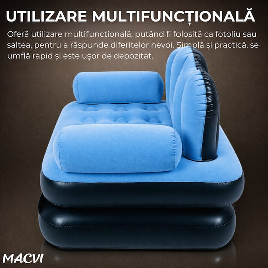 Fotoliu Gonflabil Macvi® XL 2 in 1 Portabil Pentru Interior, Exterior, Camping sau Plaja, Design Ergonomic, 100x88x90 cm, Albastru