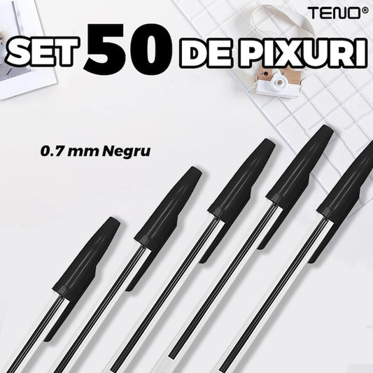 Set 50 de Pixuri Teno®, tip ballpoint, material rezistent, durabile, rezistente in timp, cap 0.7 mm, scriere neteda cu uscare rapida, cu capac, corp de plastic, negru