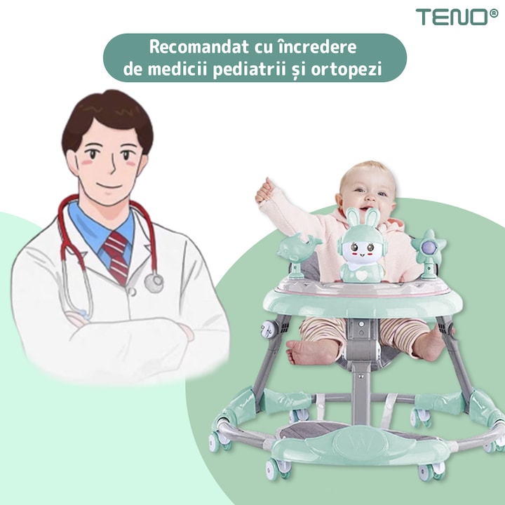 Premergator Multifunctional pentru Bebelusi Teno®, tava cu 3 jucarii, muzica, reglabil, pliabil, greutate max 20kg, 6-36 luni, verde