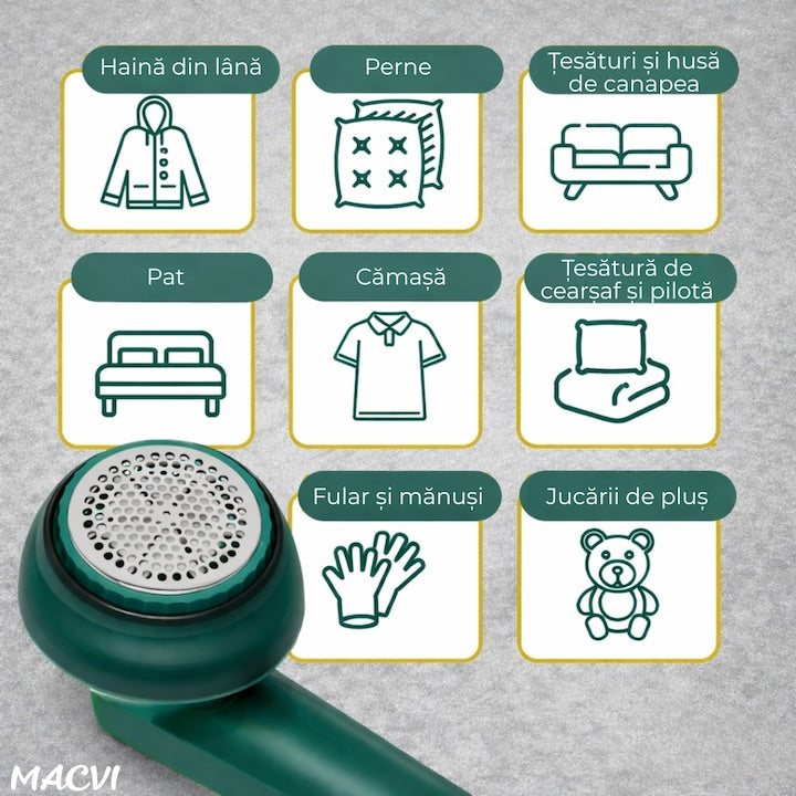 Aparat de indepartat scame Macvi®, incarcare USB, utilizare 4 ore, curatare uscata, verde