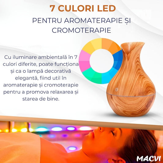 Difuzor Aromaterapie Macvi® cu Umidificator, ultrasunete, forma de vaza, buton touch, bej , LED 7 culori, 130 ml