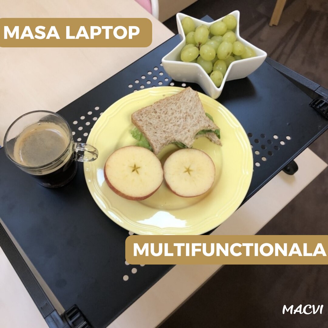 Masa Laptop Multifunctionala Macvi® T8 cu Picioare Reglabile, Cooler Integrat cu 2 Ventilatoare, 42 cm x 26 cm, Negru