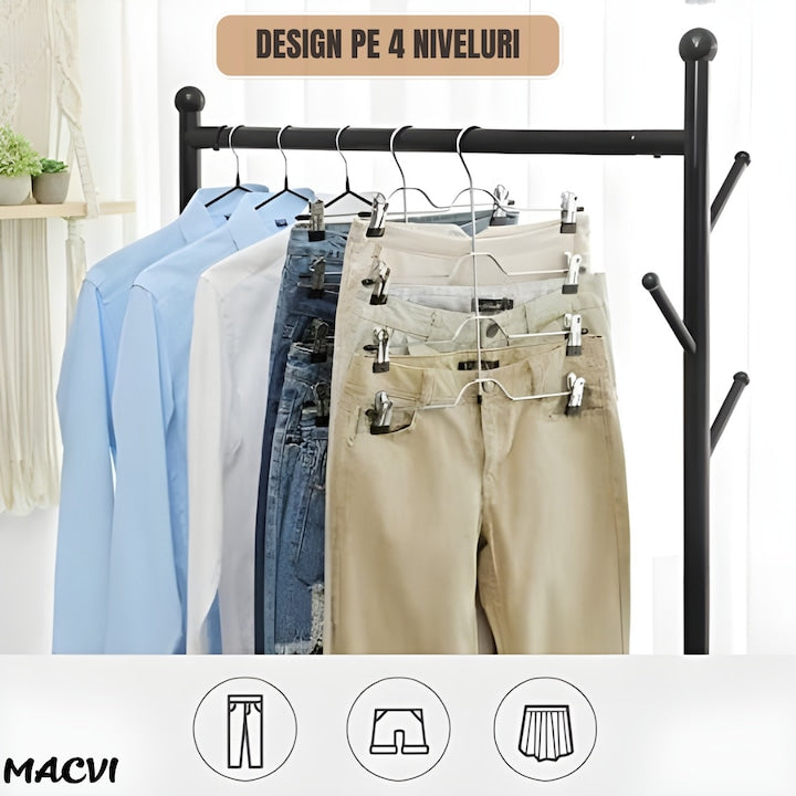 Umeras Macvi® pentru fuste si pantaloni, suport cu 4 niveluri, metal rezistent, economisire spatiu, 37.5x32.5 cm