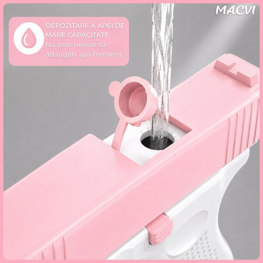 Pistol cu apa copii Macvi®, alb cu roz, actionare manuala, jucarie vara exterior, dezvoltare dexteritate, 11.5 x 10 x 2.5 cm