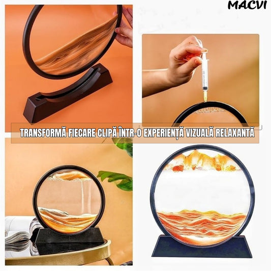 Obiect decorativ Macvi® cu efect 3D din nisip, masa rotativa 360°, baza din plastic, sticla si nisip, 18x19 cm, Galben