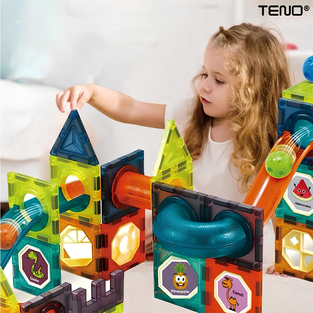 Set Inteligent si Creativ Magnetic 3D Teno®, 125 Piese, traseu cu bile, creativ, numeroase posibilitati de construit, dezvoltarea abilitatilor motrice si a imaginatiei, multicolor