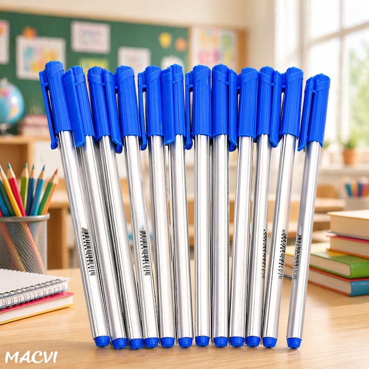 Set 12 pixuri MACVI cu capac triunghiular, albastru, 1.0 mm, design ergonomic, prindere confortabila